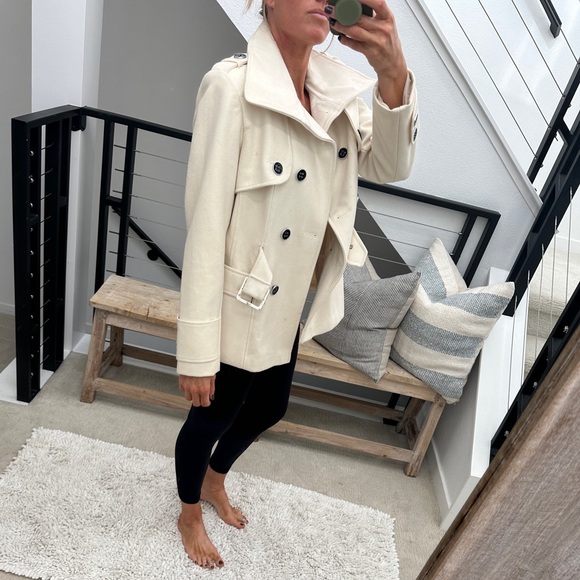 Green Envy Classic Cream Double-Breasted Wool Blend Trench Coat Fall Jacket M - Picture 4 of 11